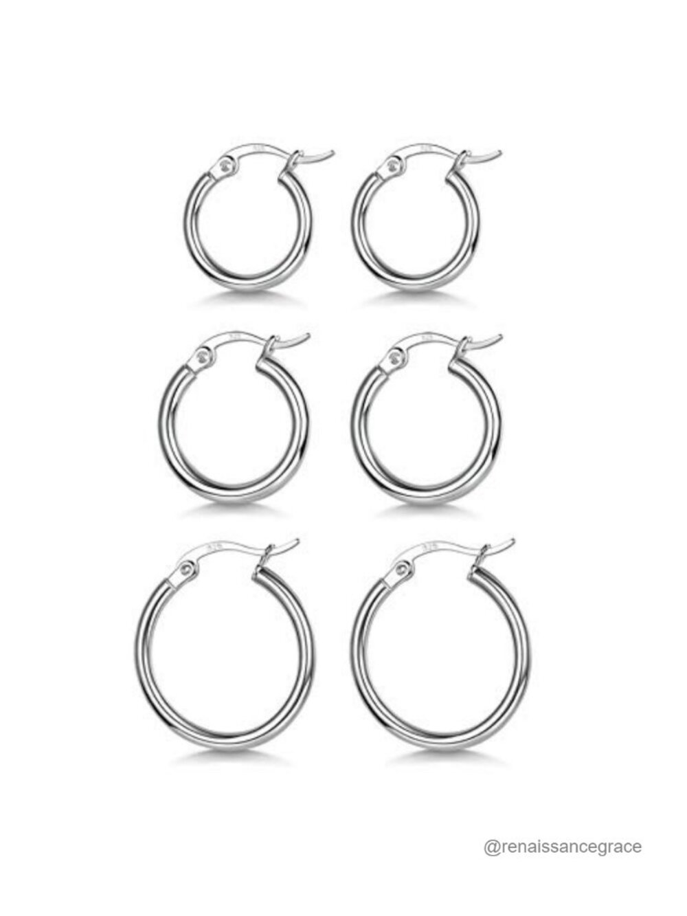 3 Pairs 925 Sterling Silver Hoop Earrings White Gold Plated Hypoallergenic